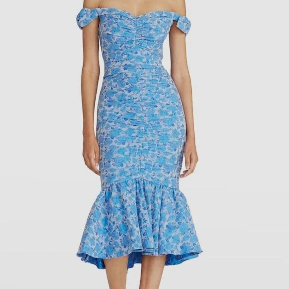 Theia Eliza Ruched Jacquard Midi Dress